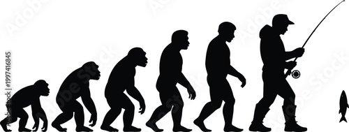 Human Evolution Fishing Silhouette Progression Line From Ape To Fisherman