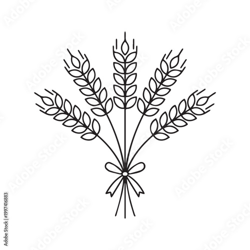 Bundle of wheat sheaf outline icon. Hand drawn line art of grain stalks tied with ribbon vector illustration.

