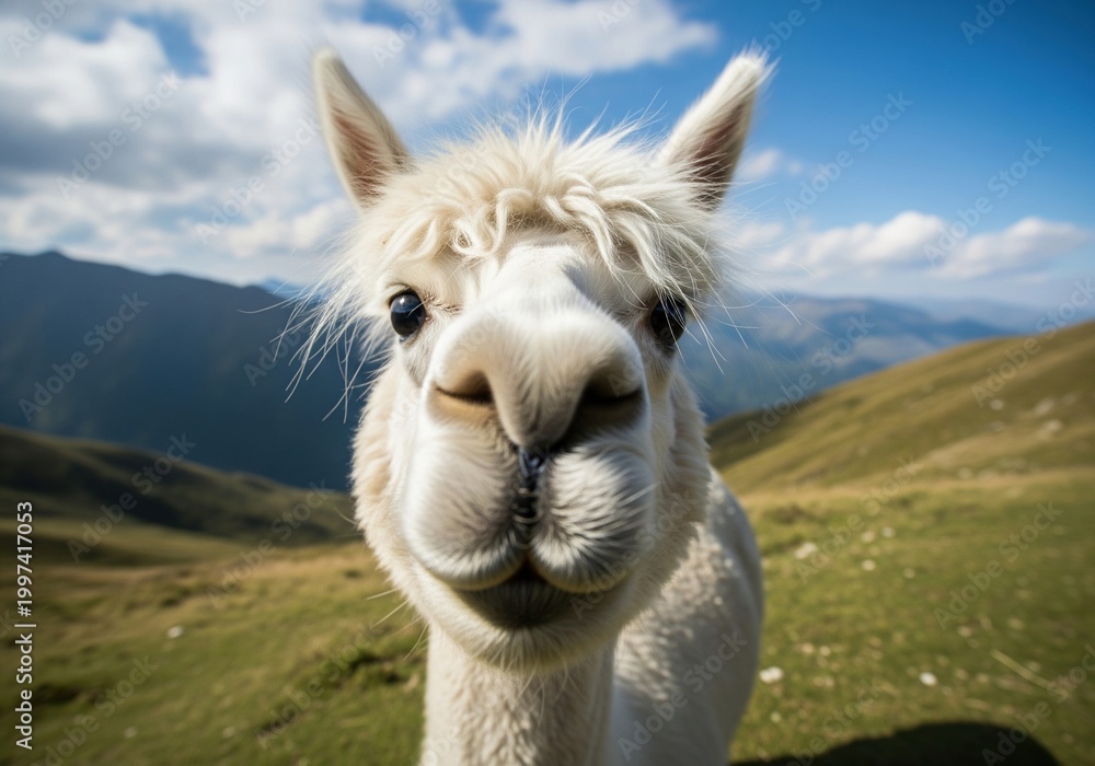 Fototapeta premium White fluffy alpaca face close up standing on green mountain pasture under bright blue sky