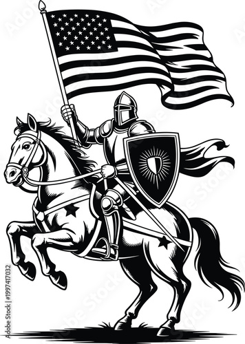 Knight in Armor on Horseback Holding American Flag and Shield Black and White Vector Stock