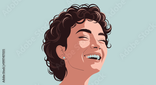 Joyful Woman Laughing with Eyes Closed, Curly Hair, Bright Sunlight, Positive Emotion