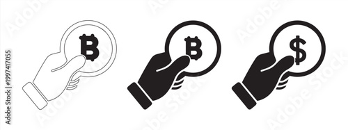 illustration of bitcoin with hand, dollar coin vector, white background, thin lines, easy to edit