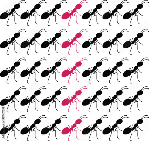 Many Black Ants Following One Pink Ant in Patterned Formation