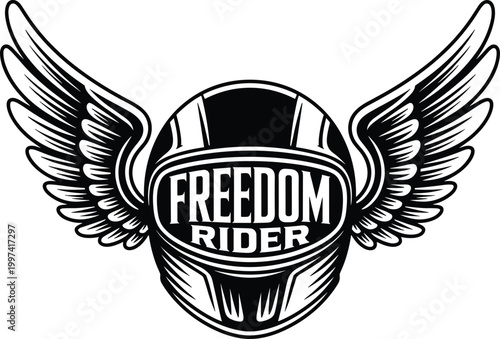 Motorcycle Helmet with Wings Emblem Freedom Rider Text Biker Badge Graphic