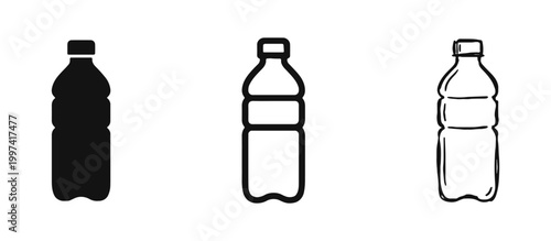 Plastic Water Bottle Icons, Beverage Drink Container and Recycling Symbol Set