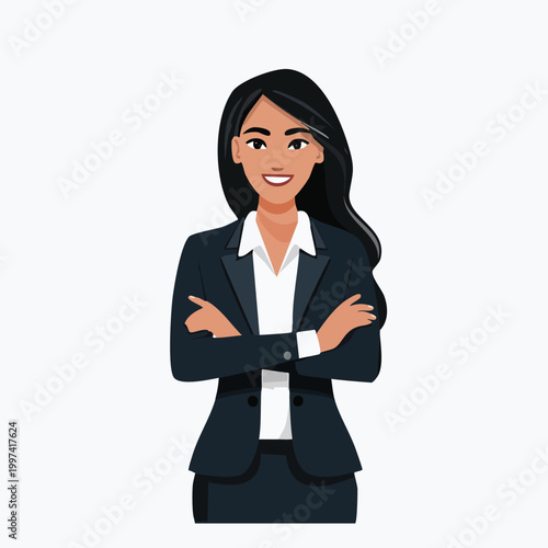 Businesswoman with arms crossed smiling confidently professional attire self assured flat design business character businesswoman confident professional business corporate authority portrait