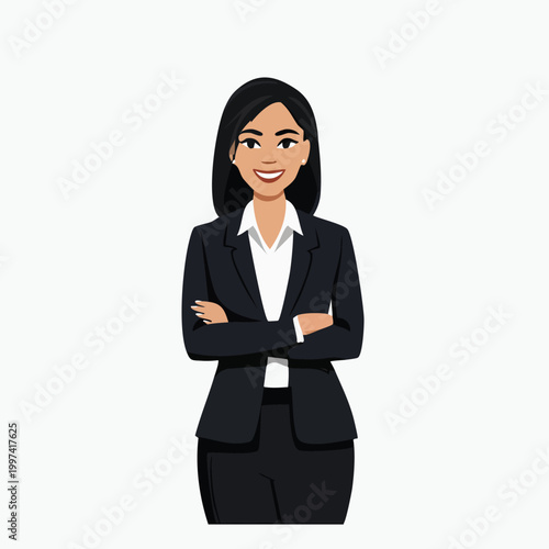 Smiling businesswoman in suit with arms crossed professional and poised self assured flat design business character businesswoman confident professional business corporate authority
