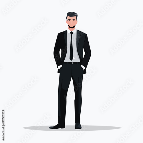 Business character standing with hands in pockets white background full length business character professional confident standing corporate executive employee businessman illustration