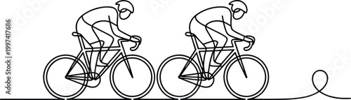Two Cyclists Racing on Road Bikes Minimalist Line Art Style White Background