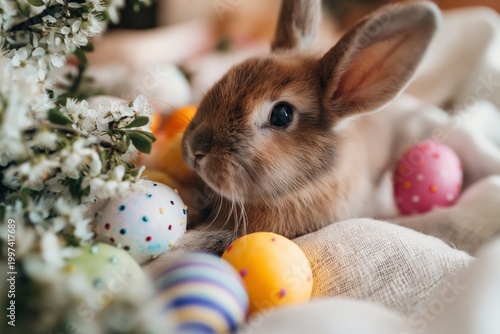 Funny Bunny With Colorful Eggs and Flowers in Springtime Setting