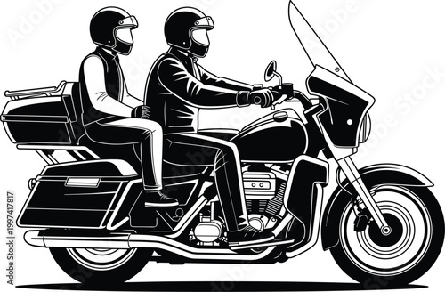 Two Riders on Motorcycle with Helmets and Leather Jackets Traveling Together Stock Illustration