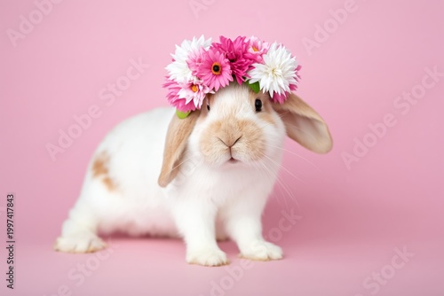 Cute Rabbit Wearing a Flower Crown Sits on a Pink Background During Spring Se...