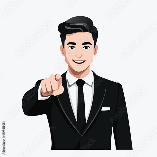 Business character pointing at viewer with white background business pointing selection decision invitation recruitment opportunity agreement confidence friendly greeting executive