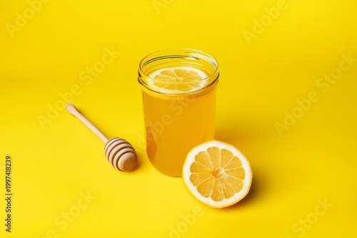 Lemon Drink With Honey Served in Jar on Bright Yellow Background