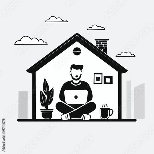 Man working on laptop at home with cityscape background home office work from home remote work business character internet freelance technology computer workspace illustration business