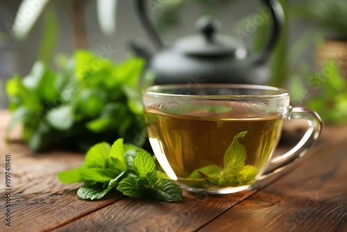 Fresh Mint Tea in a Glass Cup With Green Leaves on a Wooden Table