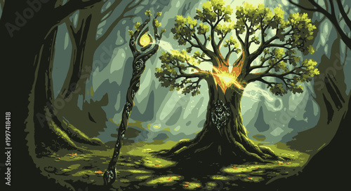 Magical staff leaning against an ancient, glowing tree in a sun-dappled, enchanted forest clearing.