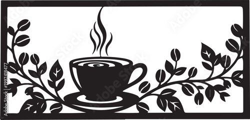 Black silhouette steaming cup of coffee on saucer with leaves