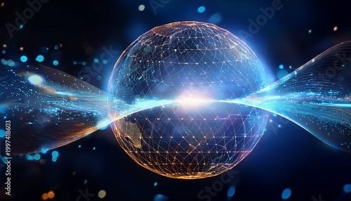 glowing digital sphere with futuristic data streams on dark background with bokeh lights representing advanced technology and global connectivity