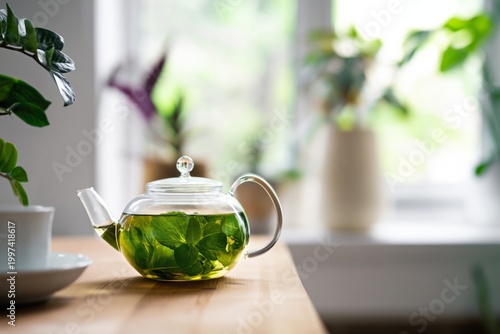 Fresh Herbs and Green Tea Brewing in a Clear Teapot on a Wooden Table by a Wi...