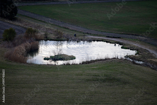 Stockholm, Sweden A small pond in a field at sunrise.