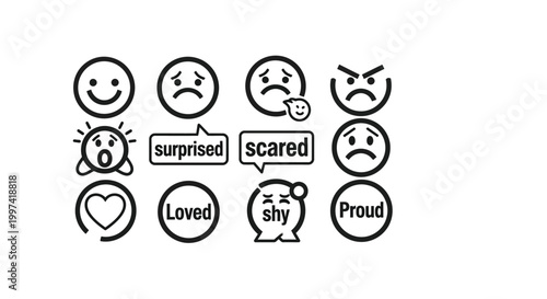 Set of Emotions Icons: Happy, Sad, Angry, Surprised, Scared, Shy, Proud, Loved