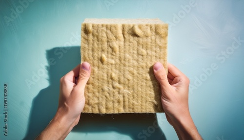 hand holding cellulose insulation material made from recycled paper eco friendly construction sustainable housing energy efficiency and green building solutions
