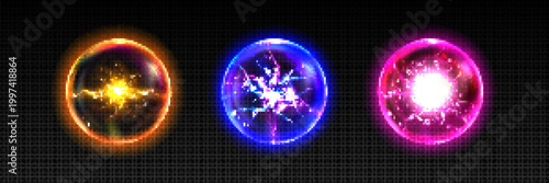 Colorful magical plasma energy orbs and glowing electrical spheres