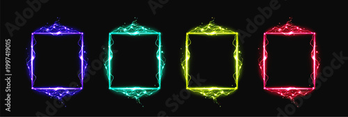 Colorful neon glowing rectangular frames with electrical lightning effects