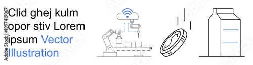 Industry 4.0, IoT technology, packaging design, robotic automation, production efficiency smart logistics. Robotic arm on production line with wireless data flow symbol. Industry 4.0 and IoT