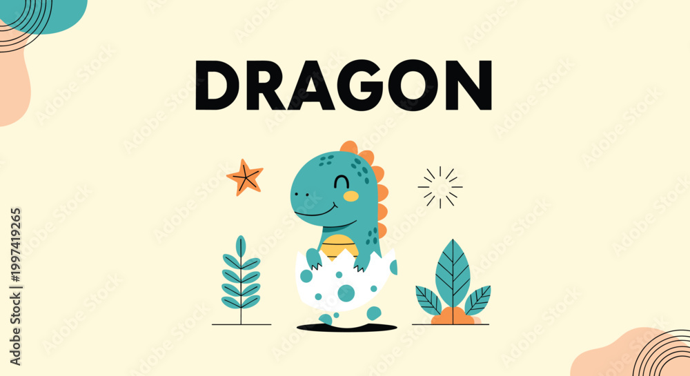 Fototapeta premium Cute cartoon baby dragon hatching from a spotted egg on a decorative background with nature elements and the word dragon for kids and nursery.