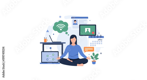 Mindful Remote Work: Woman Meditating Surrounded by Digital Tools, Achieving Work-Life Balance