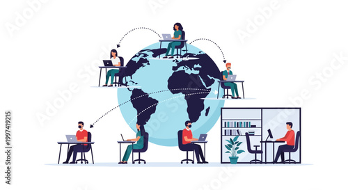 Global Remote Work and Distributed Teams Concept. Business People Working Worldwide, Connecting via Digital Network. Remote Collaboration and Online Office.