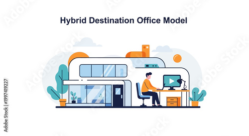 Hybrid Destination Office Model Illustration for Flexible Work, Remote Employee, Modern Workspace & Digital Lifestyle