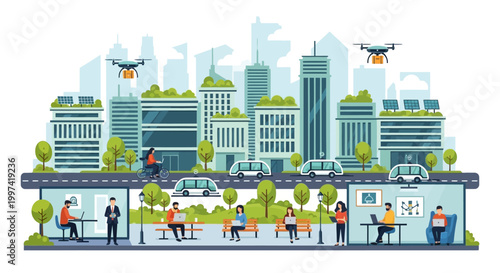 Smart City Life: Sustainable Urban Landscape with Green Buildings, Autonomous Vehicles, Drone Delivery, and Connected People Working Remotely