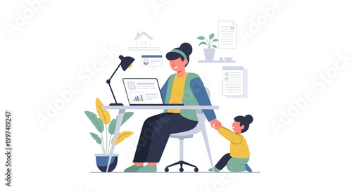 Working Mother Juggling Remote Work and Childcare at Home Office Desk - Modern Flat Vector Illustration