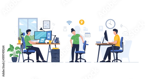 Remote Work and Home Office Productivity with Wellness Breaks. Flexible Workspace, Digital Nomads, and Healthy Work Habits Illustration.