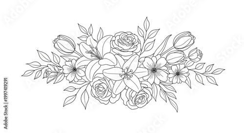 Elegant floral arrangement line art drawing with roses and lilies.