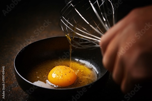 Egg Cracking in a Bowl With a Hand Holding a Whisk in a Dark Kitchen Setting