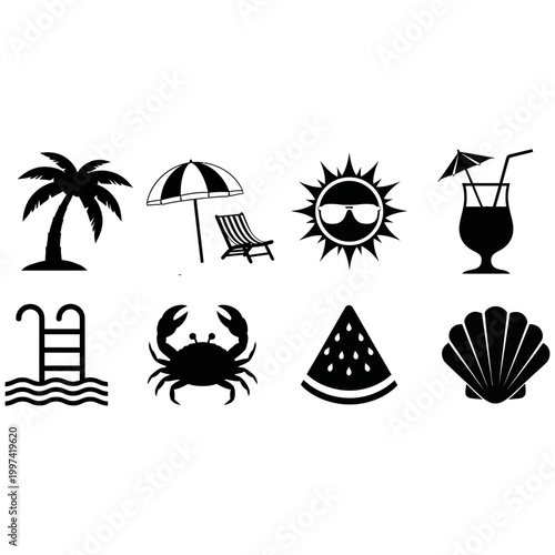 Beach vacation icons set with palm tree umbrella sun cocktail swimming pool crab shell.