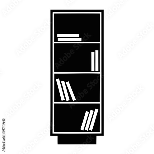 Bookshelf silhouette icon featuring books on multiple shelves for library or home office.