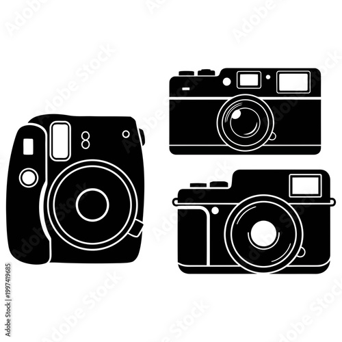 Camera icon set. vector illustrations of black silhouettes of three different cameras.