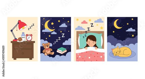 Sleeping and bedtime illustrations for children featuring scenes of nightstands, teddy bears, a dreaming girl, and a cat resting under the moon.