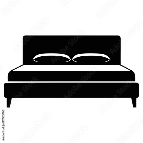 Modern double bed silhouette icon for interior furniture design or hotel bedroom concept.