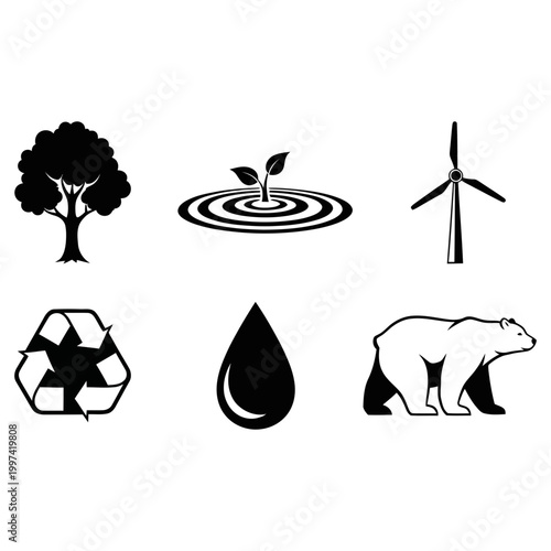 Nature icon set. vector illustrations of black silhouettes of a tree, plant, wind turbine, recycle, drop, bear.