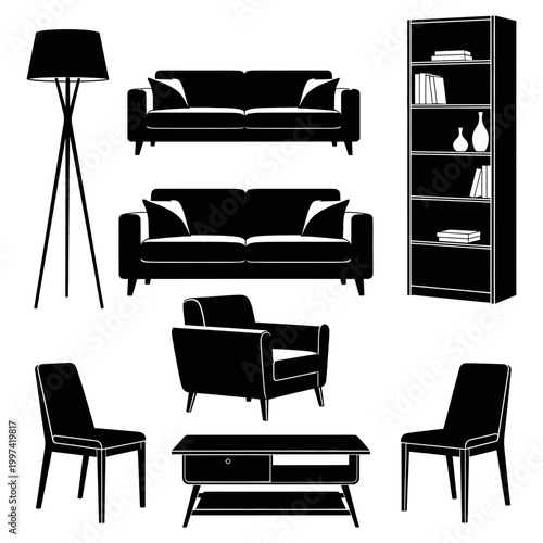 Set of black silhouettes of living room furniture sofas chairs lamp and bookcase unit.