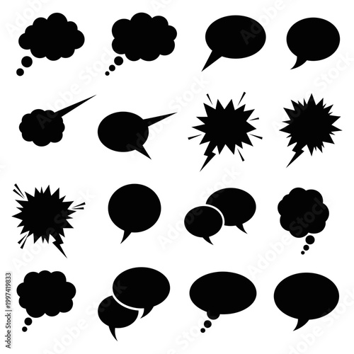 Speech bubble vector icon set. illustrations of various black thought and talk bubbles.