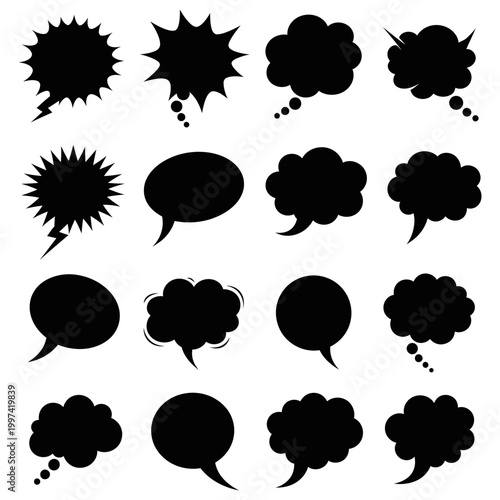 Speech bubbles silhouette icons for comic book conversation and thoughts clouds collection.