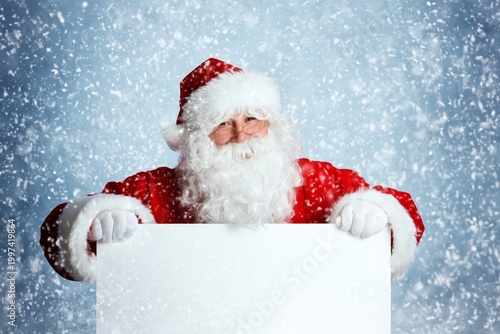 Santa Claus Holds Sign in Snowy Forest During Winter Season