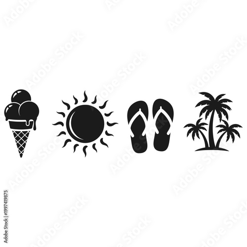 Summer vacation icon set with ice cream sun flip flops and tropical palm tree silhouettes.